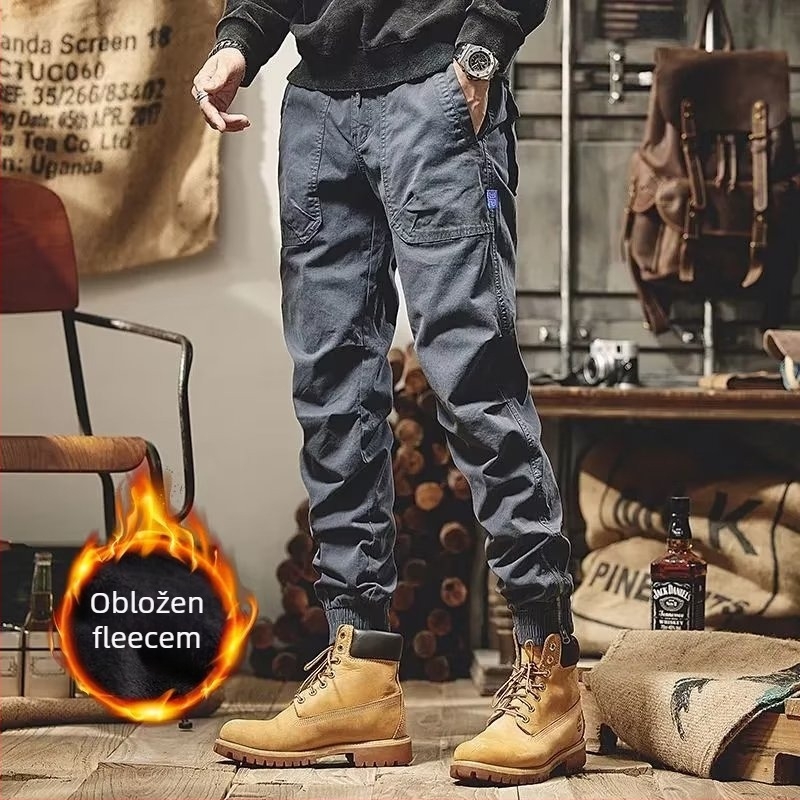 Zimske hlače u japanskom stilu, vintage s fleec podstavom, unisex, labavi kroj, srednji porast struka, mješavina kemijskih vlakana