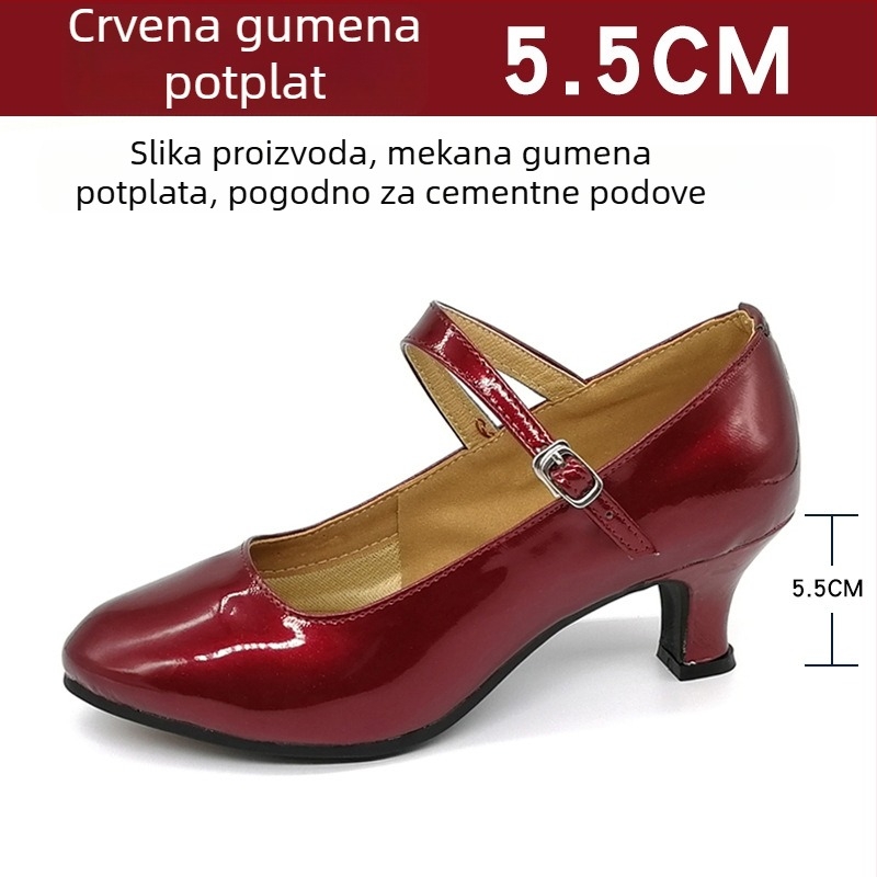 Ženske latinske plesne cipele, srednji peta 3–5 cm, mekana potplata od gume, gornji dio od sintetičke kože, okrugli vrh, otporne na habanje