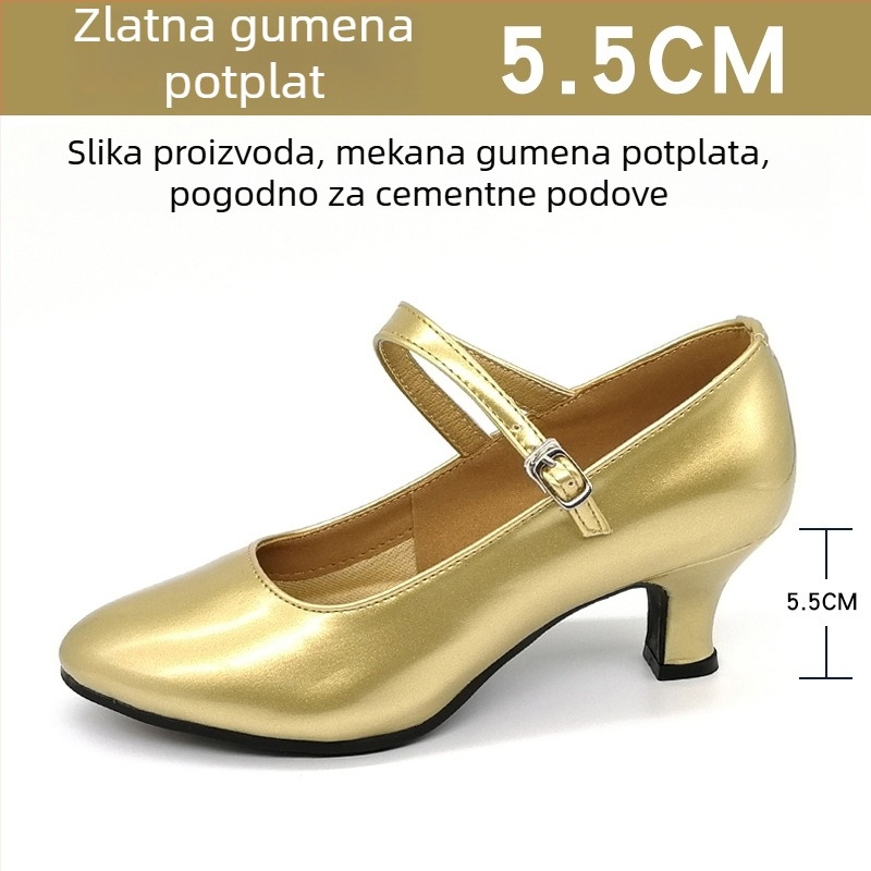 Ženske latinske plesne cipele, srednji peta 3–5 cm, mekana potplata od gume, gornji dio od sintetičke kože, okrugli vrh, otporne na habanje