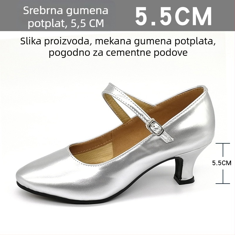 Ženske latinske plesne cipele, srednji peta 3–5 cm, mekana potplata od gume, gornji dio od sintetičke kože, okrugli vrh, otporne na habanje