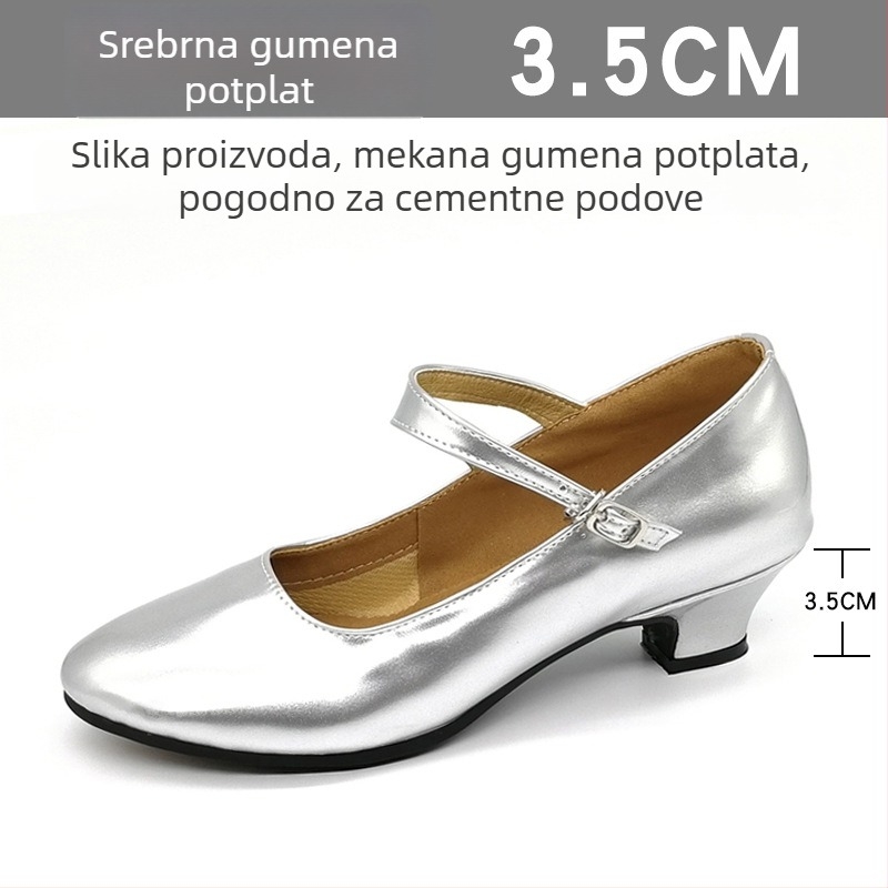 Ženske latinske plesne cipele, srednji peta 3–5 cm, mekana potplata od gume, gornji dio od sintetičke kože, okrugli vrh, otporne na habanje