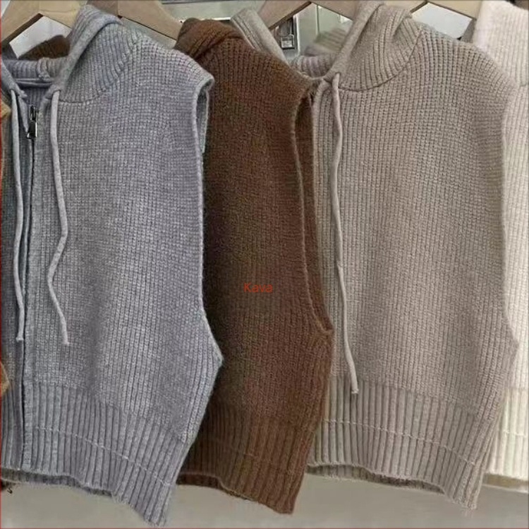 Ženski pleteni prsluk s kapuljačom, korejskog stila, retro casual, zatvarač i šnira, V-izrez, ovčja vuna i akrilna smjesa