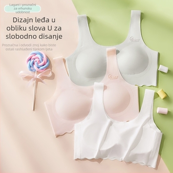 Trening grudnjak za djevojčice 12–15 godina, bezšivan, prozračan ice silk materijal, puni košarice s latexom oblikovanim košaricama, fiksne dvostruke naramenice