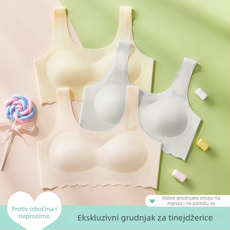 Trening grudnjak za djevojčice 12–15 godina, bezšivan, prozračan ice silk materijal, puni košarice s latexom oblikovanim košaricama, fiksne dvostruke naramenice