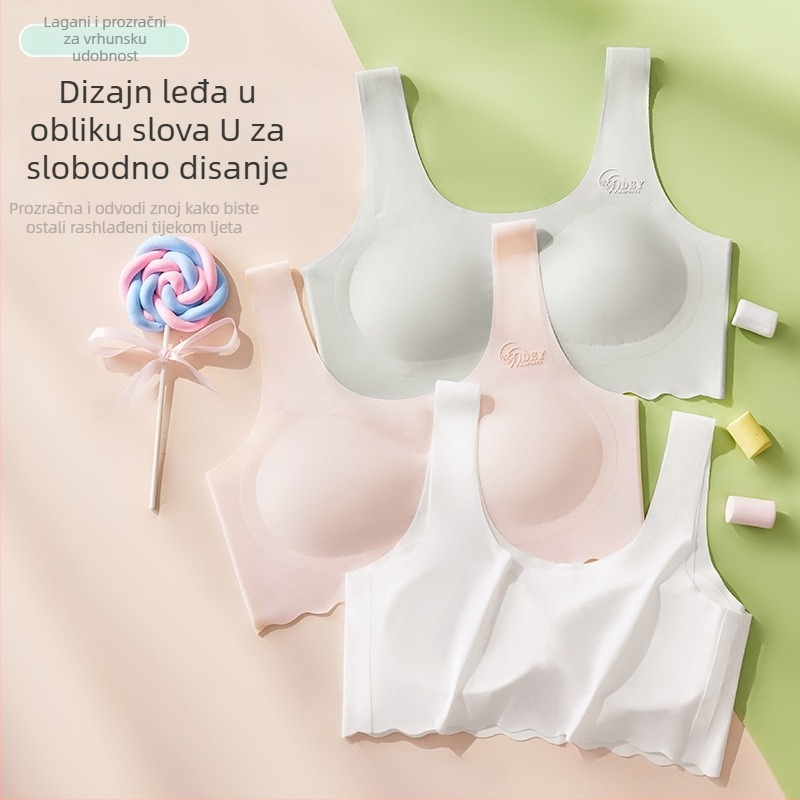 Trening grudnjak za djevojčice 12–15 godina, bezšivan, prozračan ice silk materijal, puni košarice s latexom oblikovanim košaricama, fiksne dvostruke naramenice