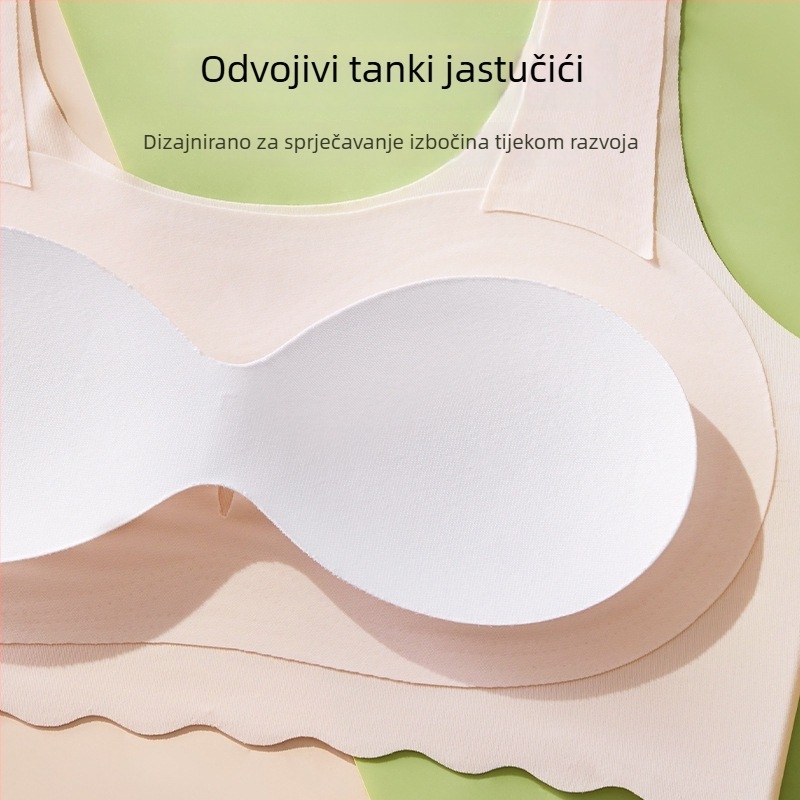 Trening grudnjak za djevojčice 12–15 godina, bezšivan, prozračan ice silk materijal, puni košarice s latexom oblikovanim košaricama, fiksne dvostruke naramenice