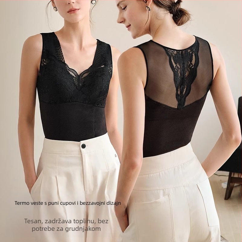 Topla vest s integriranim jastučićima, čipkasti rub, fleecem podstavljena najlon tkanina