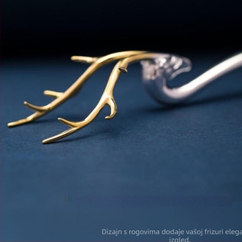 Šnala za kosu s motivom jelenjih roga, metalna s premazom 925 srebra, originalni dizajn za Hanfu – dodatak za glavu (Materijal: Metal; Premaz: 925 srebro; Stil: Originalni dizajn; Stilizacija: Životinje/Zodijak; Kategorija: Dodatak za glavu)