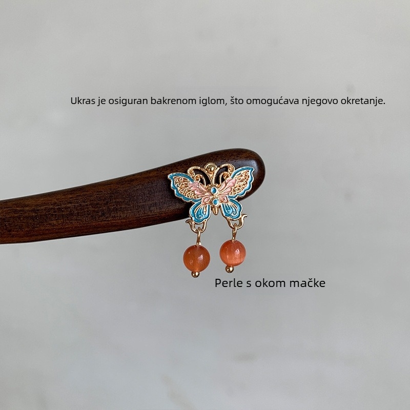 Igla za kosu od sandalovog drveta sa leptirovim resicama, retro geometrijski dizajn, ručno izrađeni dodatak