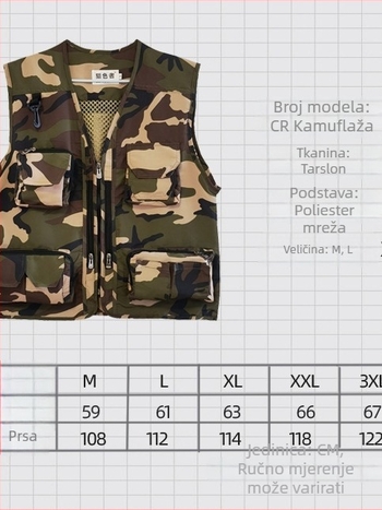 Lagani kamuflažni taktički prsluk s više džepova za planinarenje, kampiranje, fotografiju i ribolov; prozračan, prednji zip, bez ovratnika; proljeće i jesen