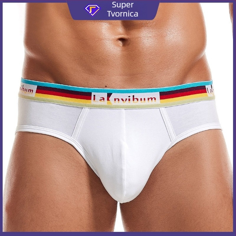 Muške pamučne gaćice sa srednjeg porasta, s dugom pojasom u bojama duge, jednobojni uzorak, 40s pređa