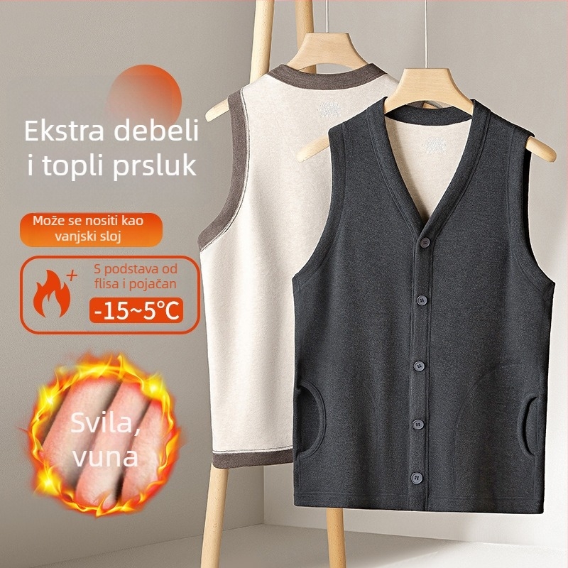 Muški termalni prsluk s flisom, dvostruki sloj od viskoze, V-izrez, može se nositi kao vanjski sloj
