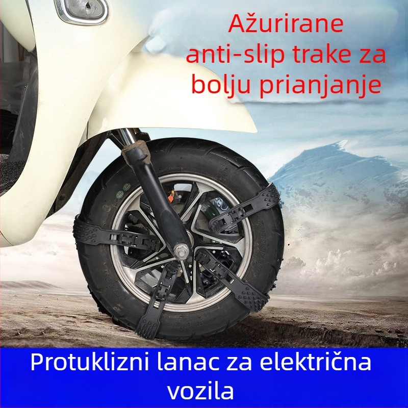 Zimske protuklizne verige za električna vozila — ATN-electric vehicle thickening-H; kompatibilne s EV gumama; kompatibilne s električnim triciklom, četverokotačnim autom te dvokotačnim i trokolnim motociklima; težina 1 kg po kompletu (10 lanaca).