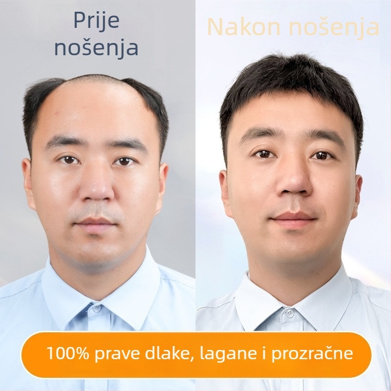 Muška perika od pravih ljudskih vlasi, lagana i prozračna, potpuno ručno tkana, prirodan izgled