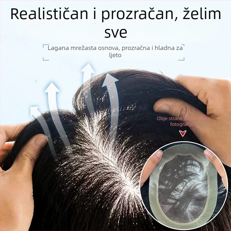 Muška perika od pravih ljudskih vlasi, lagana i prozračna, potpuno ručno tkana, prirodan izgled
