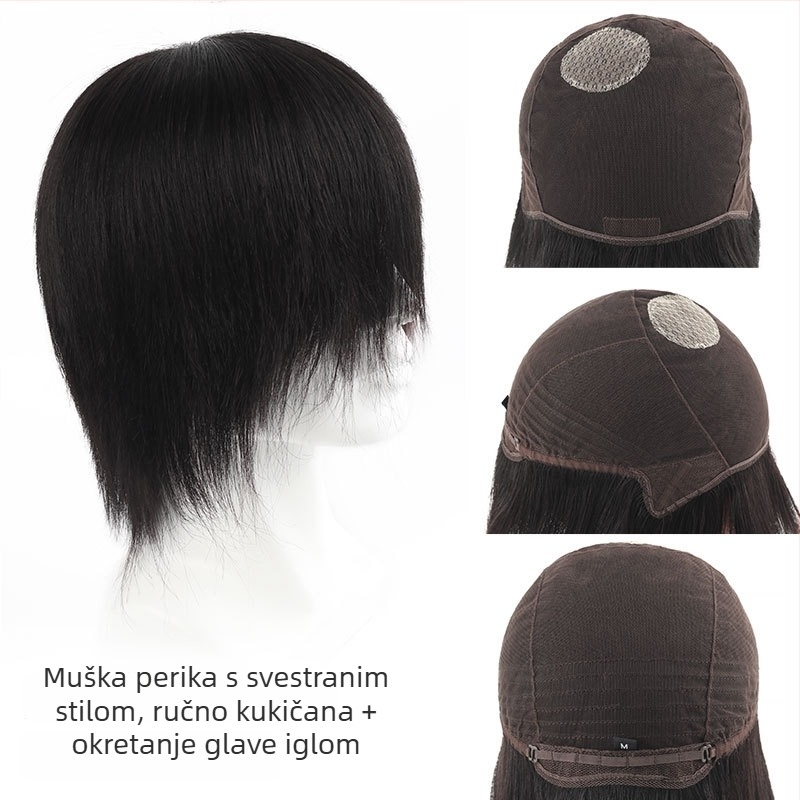 Muška ručno tkan paruka od pravih ljudskih vlasi, potpuno ručno tkana, obojiva, prirodan ton kože, pogodna za bilo koji oblik lica