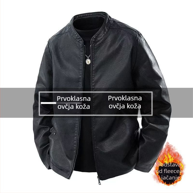 Muška kožna jakna sa stojećim ovratnikom, zatvarač, prava ovčja koža, uski kroj, ultra kratka duljina ≤ 40 cm