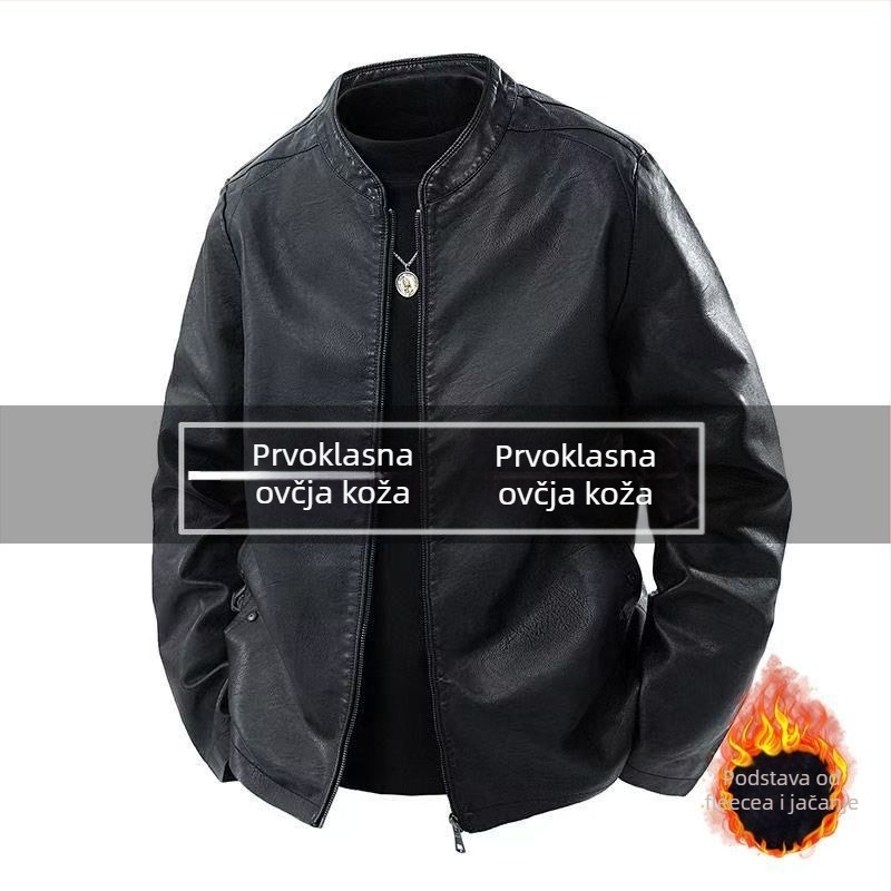 Muška kožna jakna sa stojećim ovratnikom, zatvarač, prava ovčja koža, uski kroj, ultra kratka duljina ≤ 40 cm