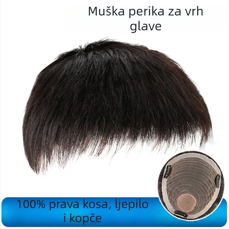 Muški prijenos kose s ljepilom za vrh glave, od pravih ljudskih vlasi, bez šavova, prirodan izgled