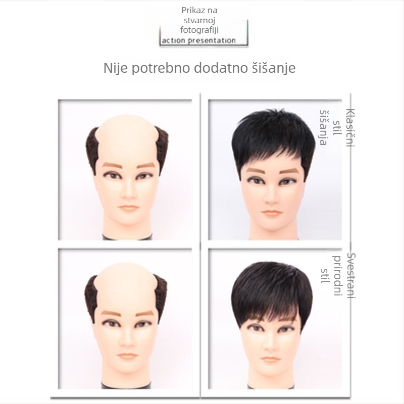 Muški topper za vrh glave od pravih ljudskih vlasi, kratka duljina, može se obojiti, lagan i nevidljiv