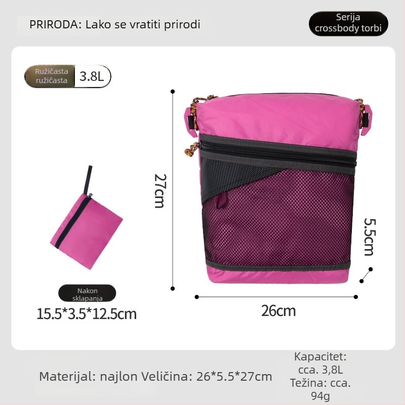 Torba za nošenje preko tijela za planinarenje: ultralagana najlonska, velika kapaciteta, vodootporna, sklopa, casual remen za rame