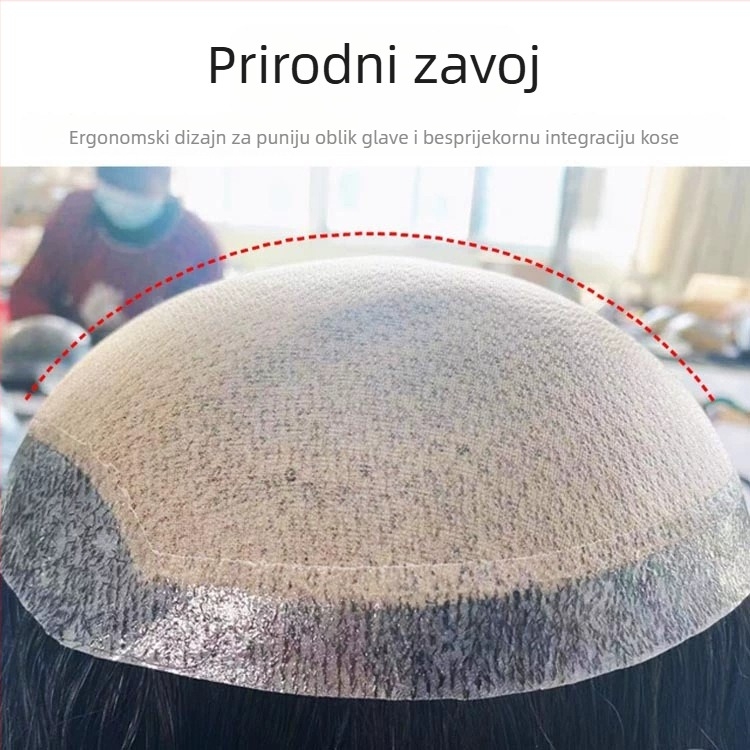 Muška perika od pravih ljudskih vlasi, potpuno ručno tkana, kratka duljina, može se bojiti i trajno prilagoditi.