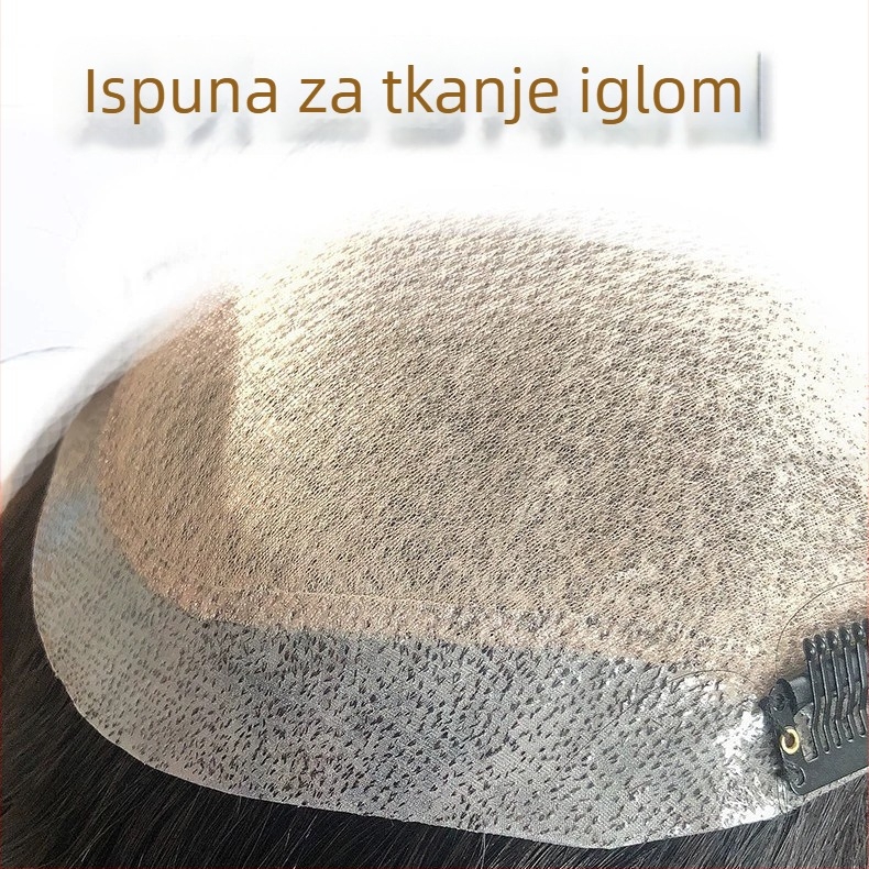 Muška perika od pravih ljudskih vlasi, potpuno ručno tkana, kratka duljina, može se bojiti i trajno prilagoditi.