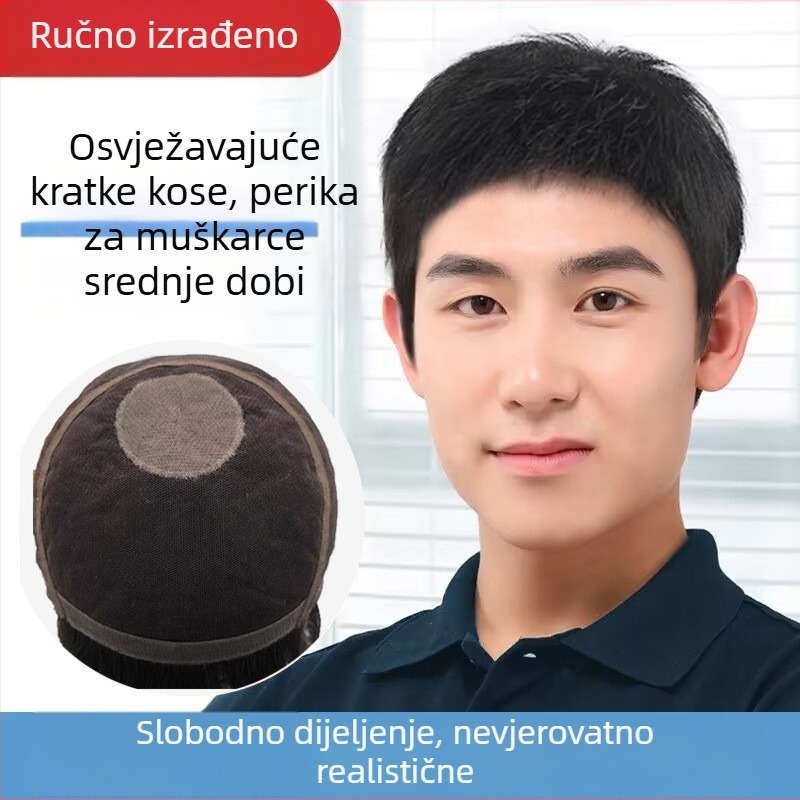 Muška perika od pravih vlasi, ručno tkana, lagana i prozračna, pokriva sijedu kosu, model 1253