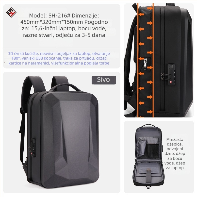 Ruksak s tvrdim kućištem za putovanja, Unisex, vodootporan, 36-55 L, PC kućište, remeni s zračnim jastucima