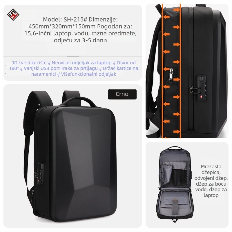 Ruksak s tvrdim kućištem za putovanja, Unisex, vodootporan, 36-55 L, PC kućište, remeni s zračnim jastucima