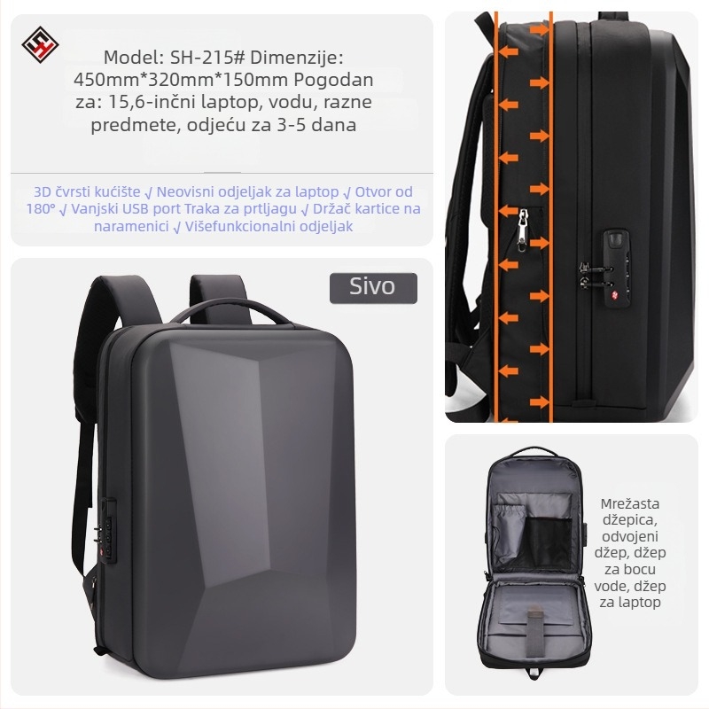 Ruksak s tvrdim kućištem za putovanja, Unisex, vodootporan, 36-55 L, PC kućište, remeni s zračnim jastucima