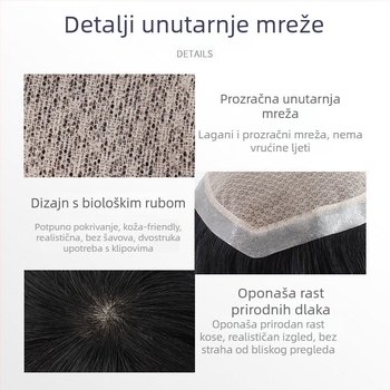 Muška perika od ljudske kose, ručno tkan kapu s 60 mrežom, kratka kosa, može se bojiti ili kovrčati, lagana i prozračna