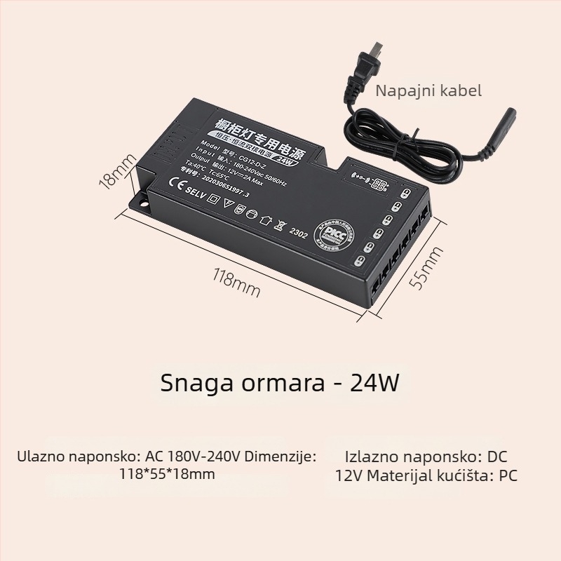 LED napajanje za svjetilicu ormarića s prekidačem, 12V/24V, DuPont sučelje, IP20, CE, učinkovitost 99%