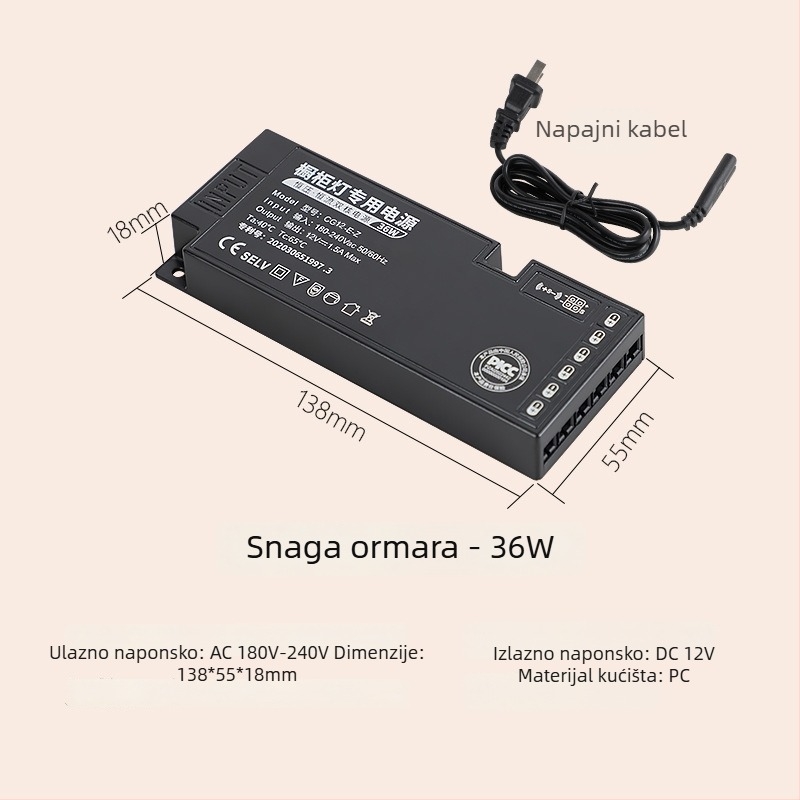 LED napajanje za svjetilicu ormarića s prekidačem, 12V/24V, DuPont sučelje, IP20, CE, učinkovitost 99%