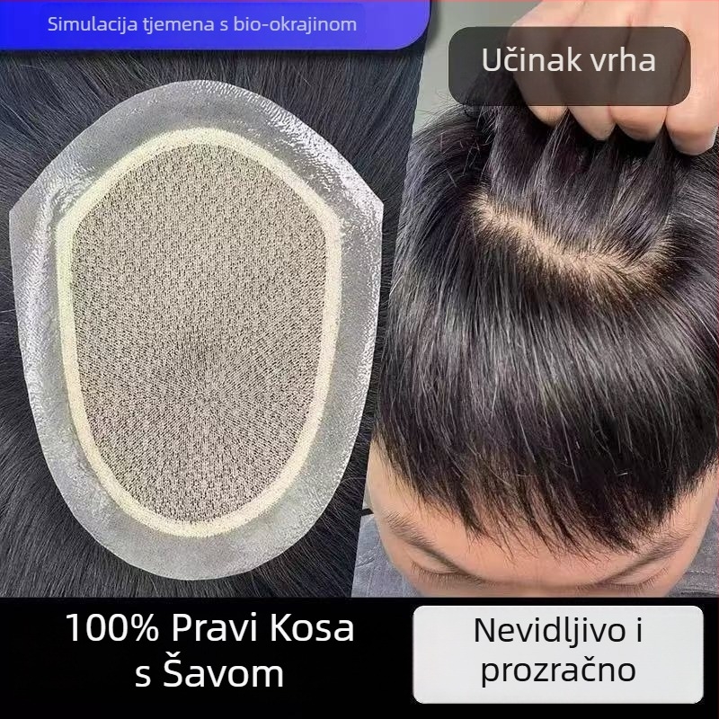 Muška perika od pravih ljudskih vlasi, ručno tkana, kratka duljina, može se obojiti, pokriva ćelavost