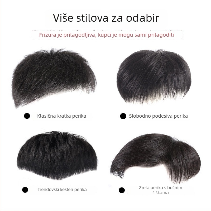 Muška perika od pravih ljudskih vlasi, ručno tkana, kratka duljina, može se obojiti, pokriva ćelavost