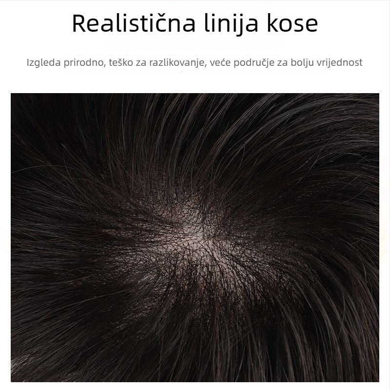 Muška perika od pravih vlasi, kratka, bez šavova, nevidljiva, elegantan izgled, povećava volumen na vrhu glave