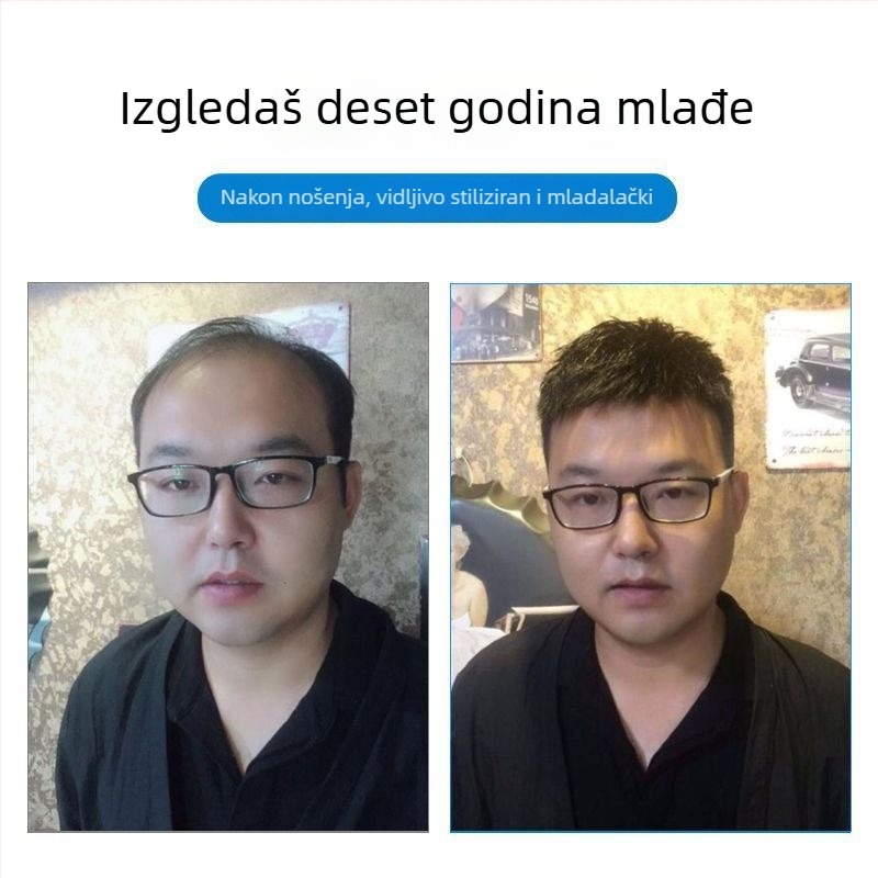 Muška perika od pravih vlasi, kratka, bez šavova, nevidljiva, elegantan izgled, povećava volumen na vrhu glave