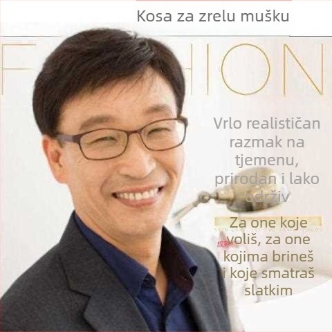 Muška perika od prirodnih vlasi, kratka kosa, model 9552, mehanički proces obrade, prekrivanje sijede kose