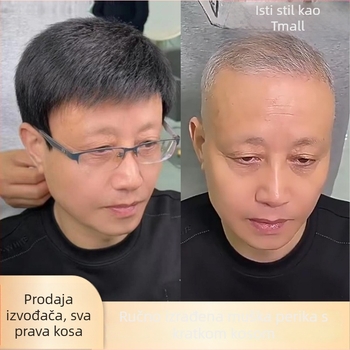 Muška perika za cijelu glavu, kratka duljina, potpuno ručno tkana, prava ljudska kosa, pogodna za muškarce srednje dobi i starije dobi