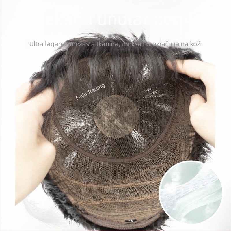 Muška perika za cijelu glavu, kratka duljina, potpuno ručno tkana, prava ljudska kosa, pogodna za muškarce srednje dobi i starije dobi