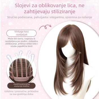 Cjelovita perika s prednjim pramenom, višestruko slojevita kosa srednje duljine, prirodan realističan izgled za svakodnevno nošenje