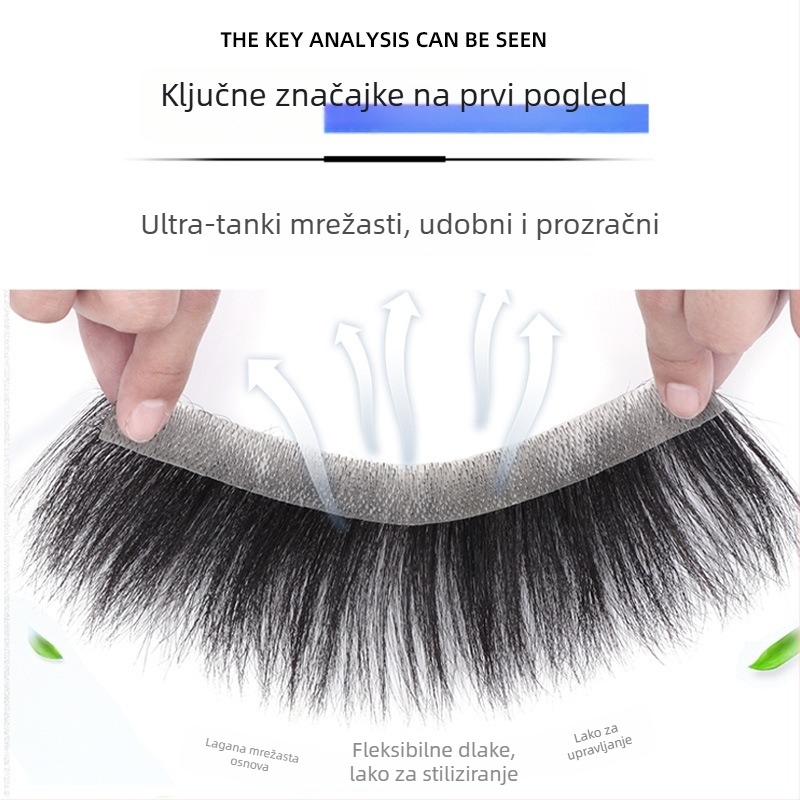 Muški dijelovi paruke s prednjim bangs i M-oblikom linije kose, pravi ljudski kos, potpuno ručno pleteni