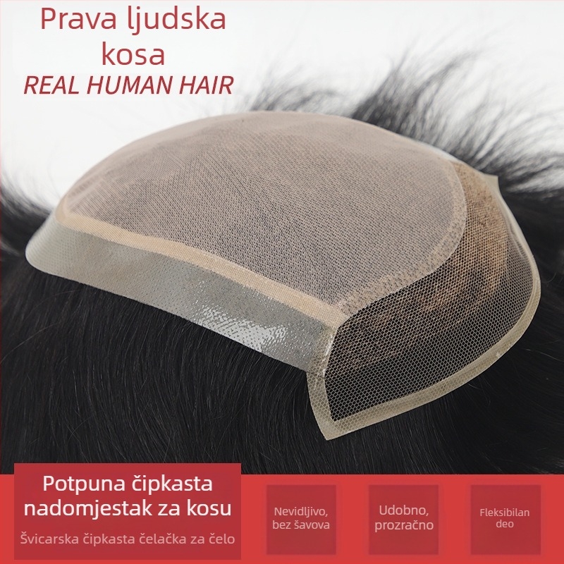 Muški ručno pleteni dodatni dio od pravih ljudskih vlasi s čelnom čipkom i švicarskom mrežom, ravna kosa, duljina 15 cm