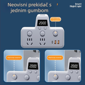 Produžni blok s USB priključcima, noćna lampica, neovisni prekidač s prikazom vremena, 10A, 220–250V