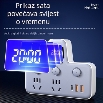 Produžni blok s USB priključcima, noćna lampica, neovisni prekidač s prikazom vremena, 10A, 220–250V