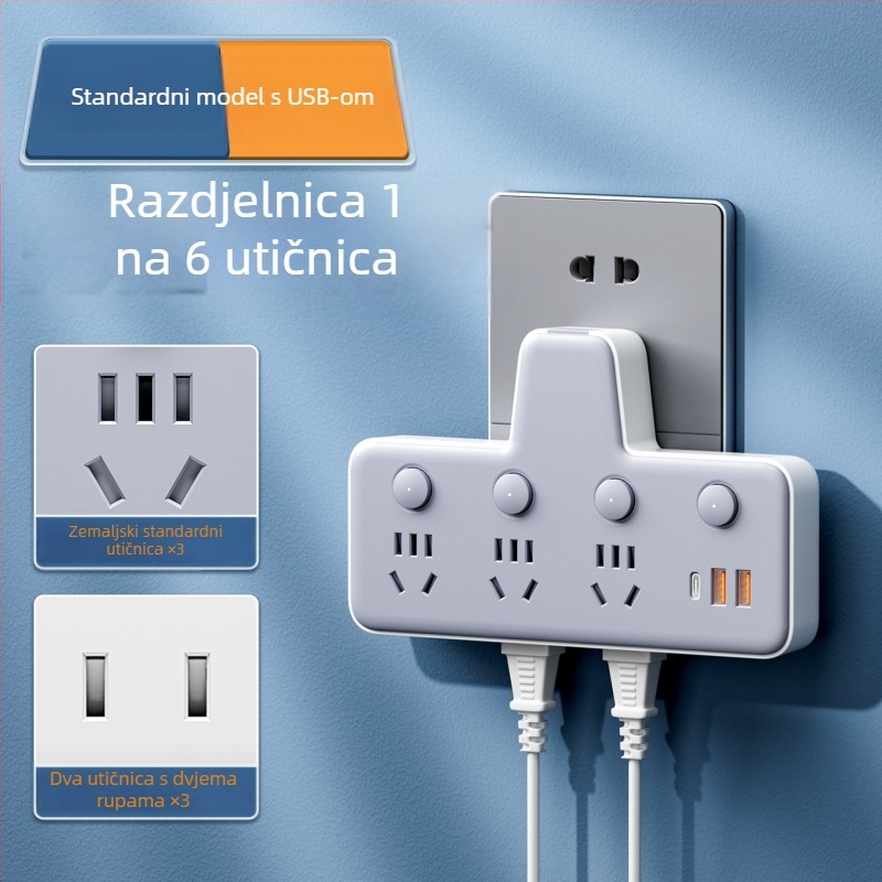 Produžni blok s USB priključcima, noćna lampica, neovisni prekidač s prikazom vremena, 10A, 220–250V