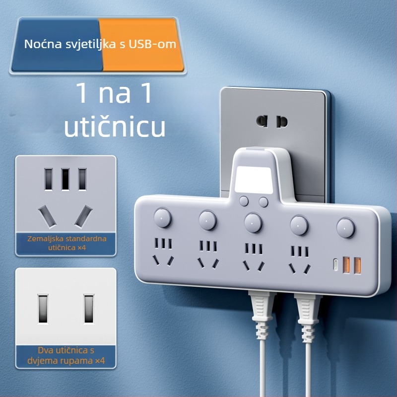 Produžni blok s USB priključcima, noćna lampica, neovisni prekidač s prikazom vremena, 10A, 220–250V
