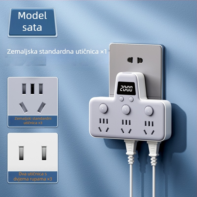 Produžni blok s USB priključcima, noćna lampica, neovisni prekidač s prikazom vremena, 10A, 220–250V