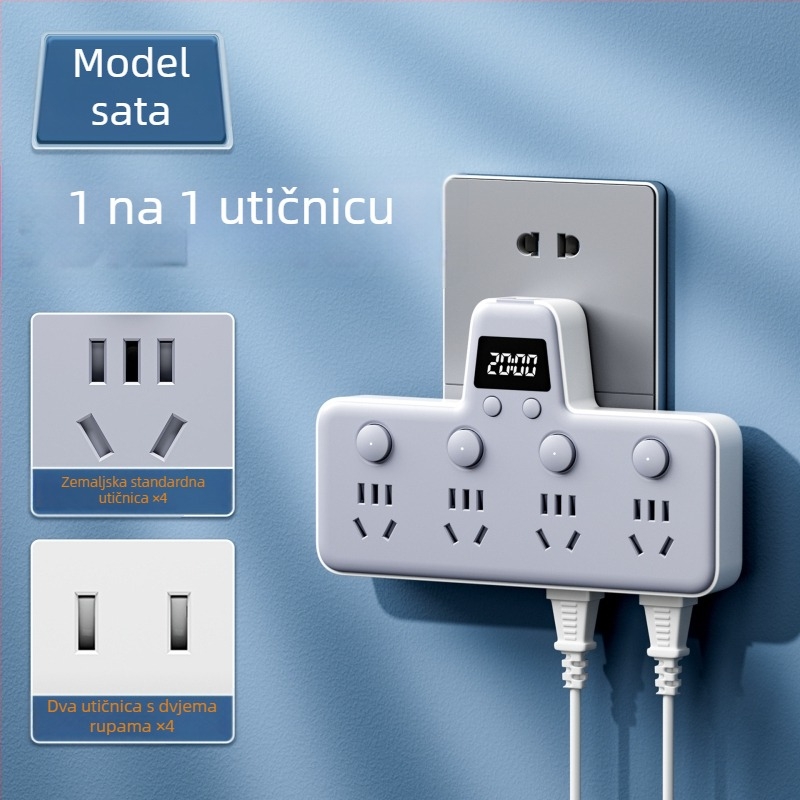 Produžni blok s USB priključcima, noćna lampica, neovisni prekidač s prikazom vremena, 10A, 220–250V